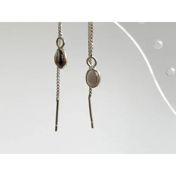 Teardrop Shaped Smoke Glass Threader Style Sterling Silver 925 Dangle Earrings - Picture 3 of 9